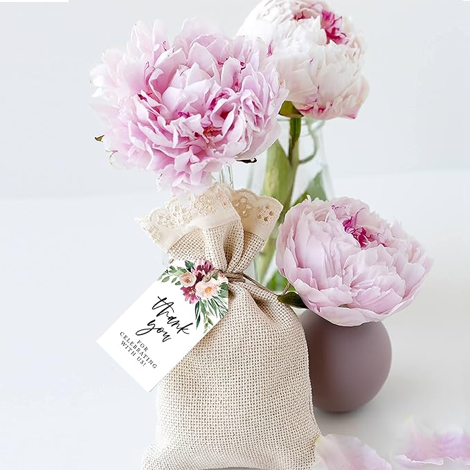 Andaz Press 100-Pack Thank You for Celebrating with Us Favor Tags Spring Watercolor Florals Cardstock Gift Tags with Bakers Twine for Wedding Baby Shower Bridal Shower Party Favors 2 x 3.75-Inches