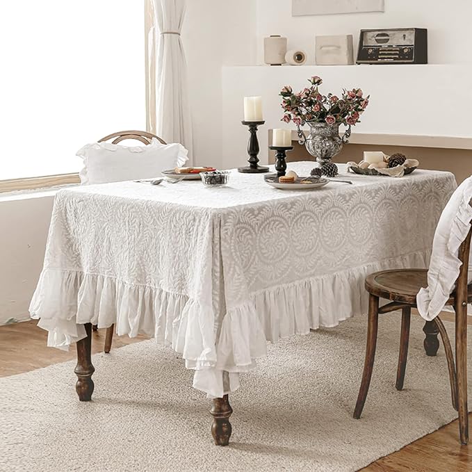 patdrea Vintage Ruffle Tablecloth for Rectangle Tables,Farmhouse Embroidered Cotton White Lace Table Cloth Cover Decor for Dining Room Wedding Banquet Thanksgiving Christmas,59"*83"