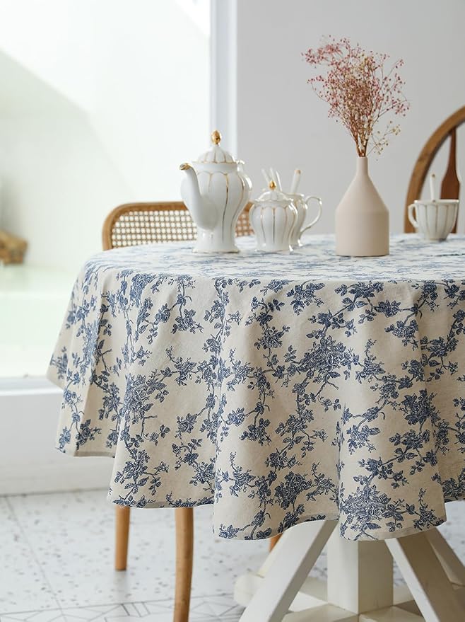 Pastoral Round Tablecloth - 48 Inch Dia. - Beige Linen Table Cloth - Washable Table Cover with Dust-Proof Wrinkle Resistant for Restaurant, Picnic, Indoor and Outdoor Dining, Floral (Dark Blue)