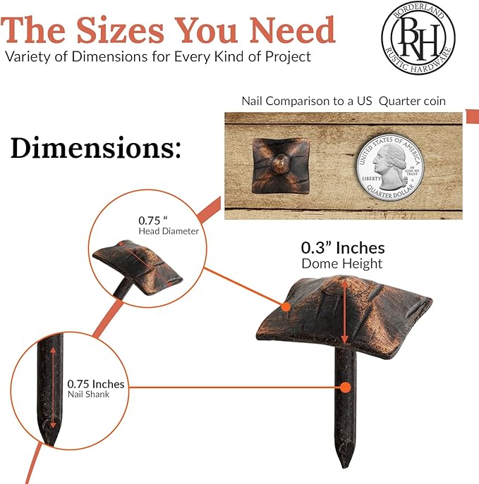 10 Pack 0.75" Square Head Iron Clavos Decorative Nails – Oil Rubbed Bronze – Handmade Rustic Square Fasteners for Farmhouse Shutters, Barn Doors, Shutters, Gates – Ornamental Wood Accent