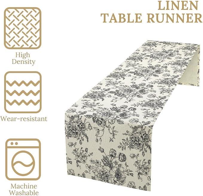 Vintage Flower Table Runner, Black White Wildfloral Floral Sketch Print Kitchen Dinning Table Runner for Indoor Outdoor Home Wedding Party Holiday, 13x108 Inch