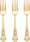 150PCS Gold Plastic Forks - 8.1inch Gold Forks Disposable - Vintage Heavy Duty Dessert Forks - Premium Fancy Plastic Silverware for Parties, Weddings, Dinners and Events