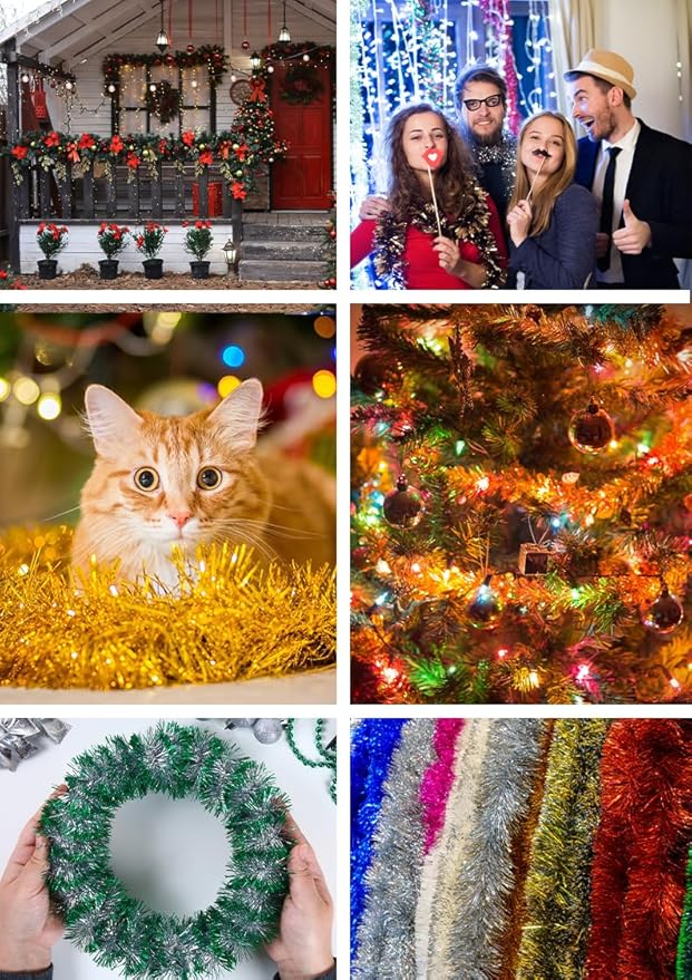 Mandala Crafts White Tinsel Garland - Thin Metallic Foil Glitter Mini Garland for Christmas Tree, Party, Wedding Decor, and Holiday Decorations