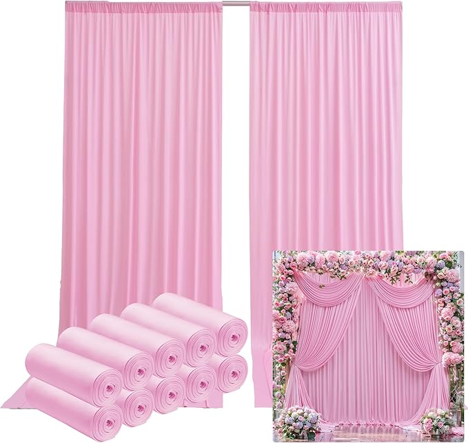 50ftx12ft Wrinkle Free Pink Backdrop Curtain, 10 Panels 12FT Height Pink Wedding Backdrop Drapes, Silky Polyester Back Drop Cloth for Birthday Photography Background Party Backdrop Draping
