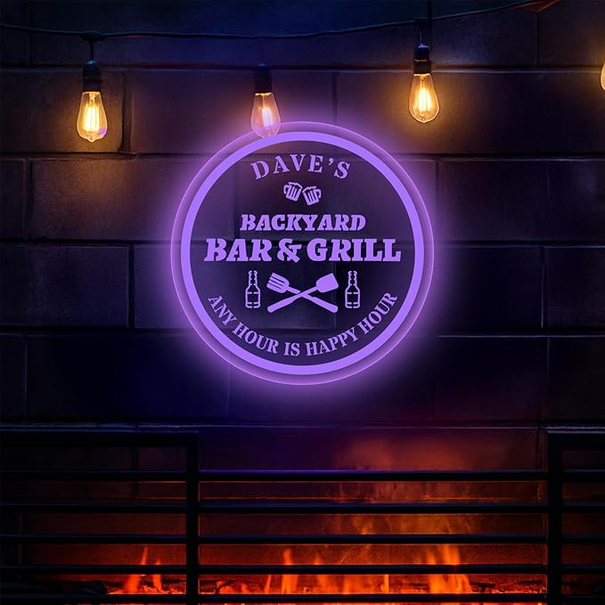 Custom Acrylic LED Bar Sign – Personalized Color Changing Wall Decor for Backyard Patio, Home Bar, Kitchen, or Man Cave (Bar & Grill, 12 INCHES)