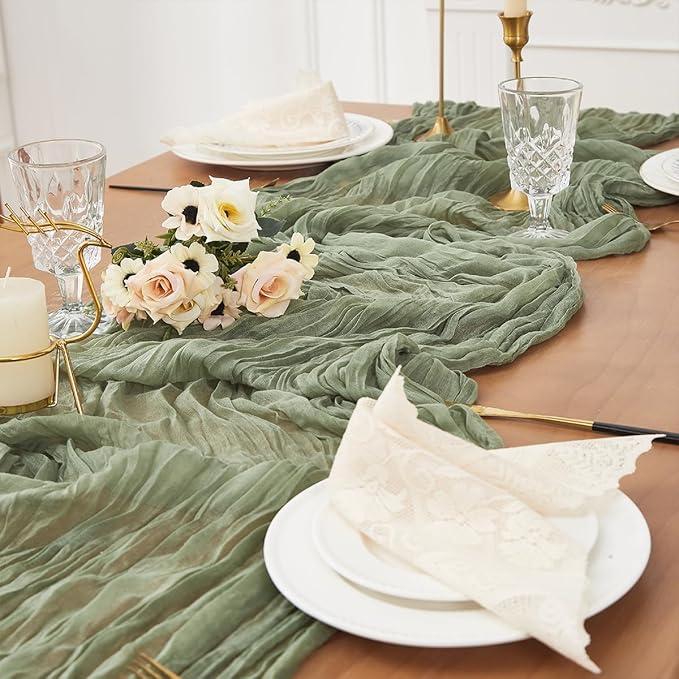 Sage Green 6 Pack Cheesecloth Table Runner 120 Inch 10 FT Boho Rustic Gauze for Wedding Baby Shower Party Farmhouse Summer Home Decor Washable