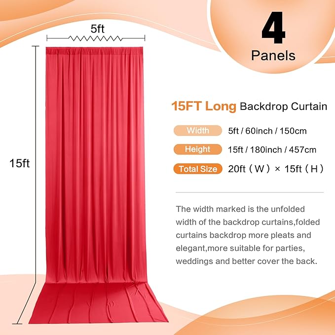 20ft x 15ft Red Wrinkle Free Backdrop Curtains for Parties,Silky Polyester Fabric Wedding Ceiling Drapes, 4 Panels 15ft Photo Back Drop Drapes for Baby Shower Photography Stage Background Cloth