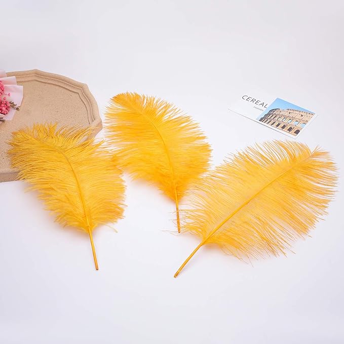 12pcs Natural Luxury Gold Ostrich Feathers 12-14inch (30-35cm) for Wedding Party Centerpieces，Flower Arrangement and Home Decoration.