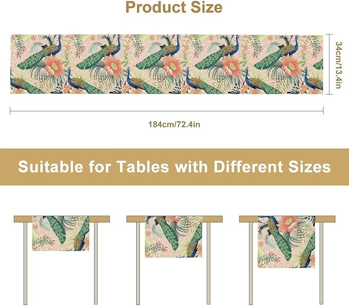 Peacock Table Runner,Pink Flower Peacock Birds Table Runner for Home Kitchen Dining Party Indoor Outdoor Decoration 13x70 Inch