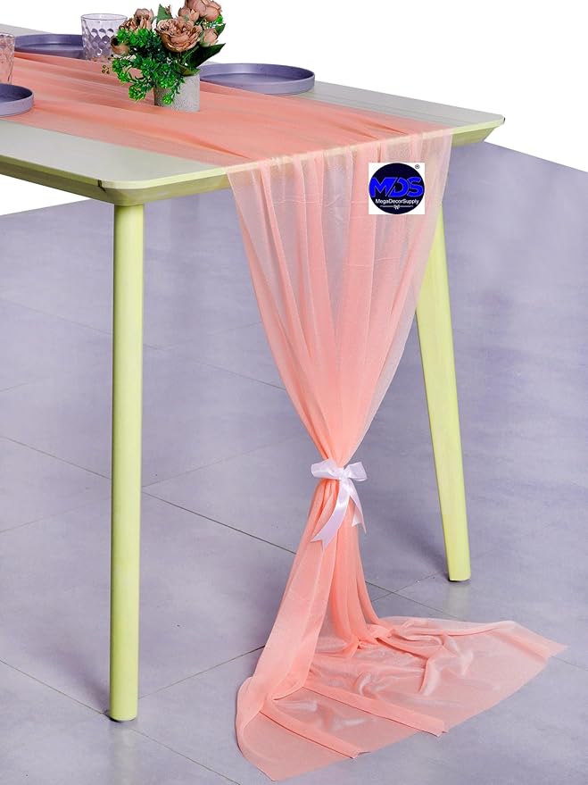 MDS Halloween Chiffon Table Runner - 25 Pack, 29 x 170 Inches, 14ft Each - Sheer Spooky Table Runners for Haunted House Parties, Trick-or-Treat Tables, Witchy Décor, Wedding & Events - Peach