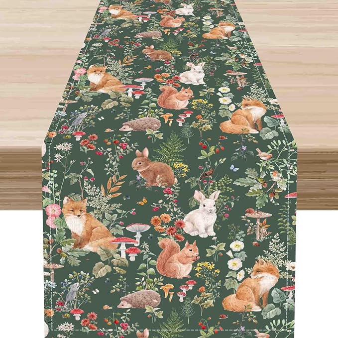 Rustic Woodland Table Runner, Farmhouse Forest Animals Country Lodge Wild Animals Fox Rabbits Table Center Decor for Home Kitchen Dining Patio Holiday Party Indoor Table Decorations, 13"x72" Inch