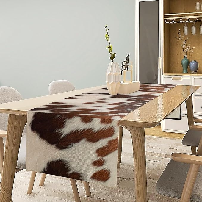 Farmhouse Cow Skin Print Table Runner, Safari Wildlife Brown Country Farm Cowhide Pattern Cotton Linen Rustic Cottage Table Runner for Dinning Home Party Holidays Home Setting, 13x120 Inch