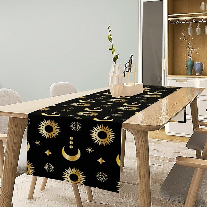 Magic Gold Sun Moon Stars Table Runner Mystical Farmhouse Rustic TableRunner for Party Holiday Dining Room Kitchen 13x120 Inch