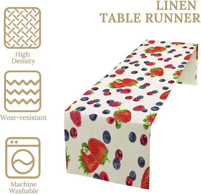 Strawberry Table Runner Spring Summer Fruit Wild Berry Forest Garden Dinner Runner for Farmhouse Party Holiday Home Kitchen Dining Table Decor 13x108
