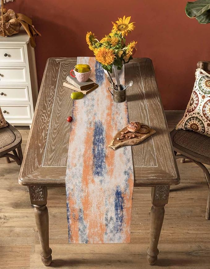 Vintage Oil Painted Cotton Linen Table Runner for Dining Kitchen, Wedding Outdoor Party Tablerunners Decoration, Abstract Modern Orange Minimalist Dresser Scarf Coffee Tablecloth Runners 13x60 Inches
