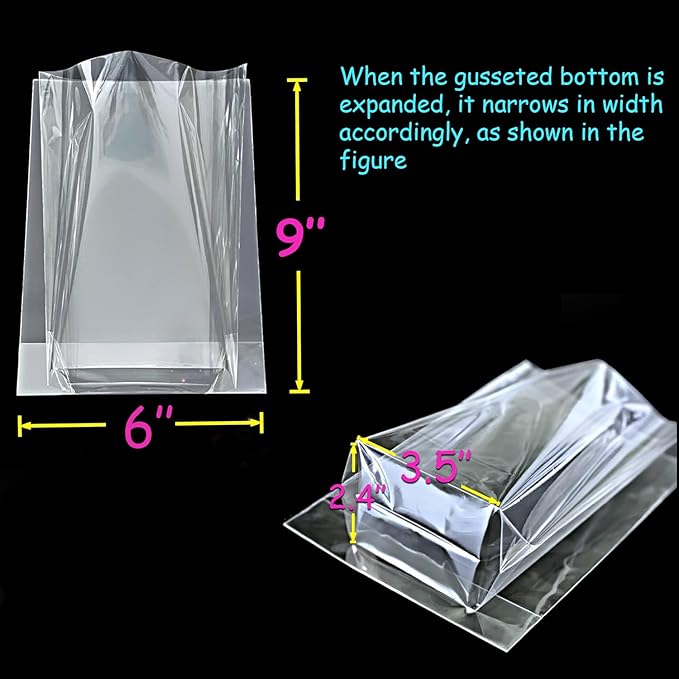 PigPotParty Cellophane Treat Bags 6"x9", 50 Pack Clear Goodie Bags, 2.4" Bottom Gusset for Stand-Up Display, Small Plastic Gift Wrap for Cookies, Candy, Party Favors, Popcorn, Includes 50 Gold Ties