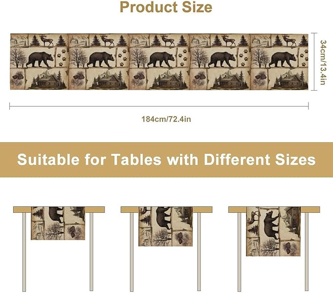 Rustic Cabin Table Runner, Retro Moose Cone Deer Bear Farmhouse Lodge Table Runner for Dinner Living Room Kitchen Vintage Country Cottage 13x120 Inch