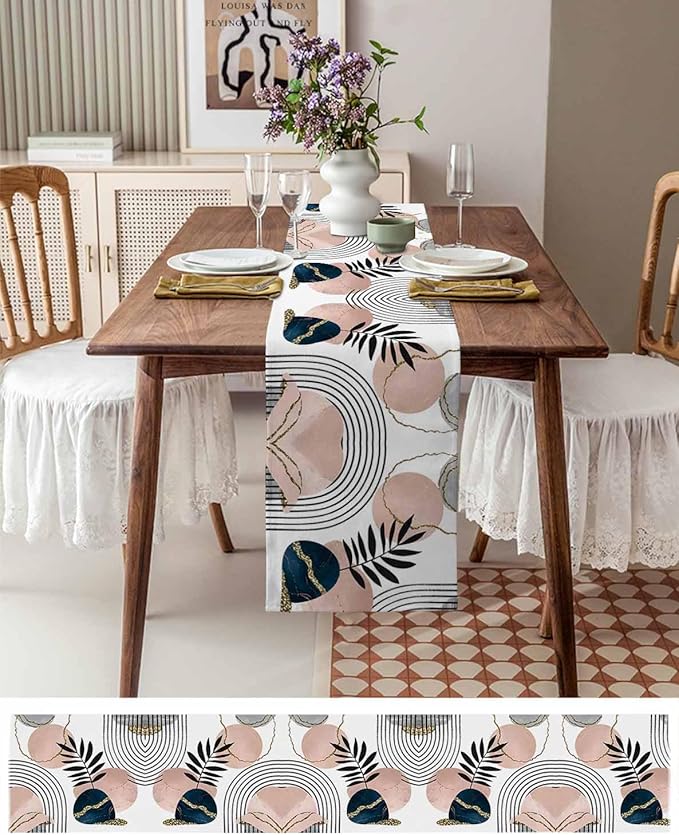 Modern Boho Cotton Linen Table Runner for Dining Kitchen, Wedding Outdoor Party Tablerunners Decoration, Abstract Bohemian Tropical Palm Leaf Dresser Scarf Coffee Tablecloth Runners 13x60 Inches
