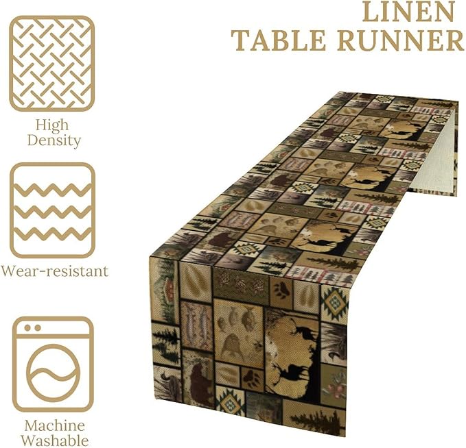 Vintage Deer Bear Table Runner, Fish Retro Farmhouse Cabin Lake Country Lodge Table Runner for Home Dinner Kitchen Living Room, 13x60 Inch