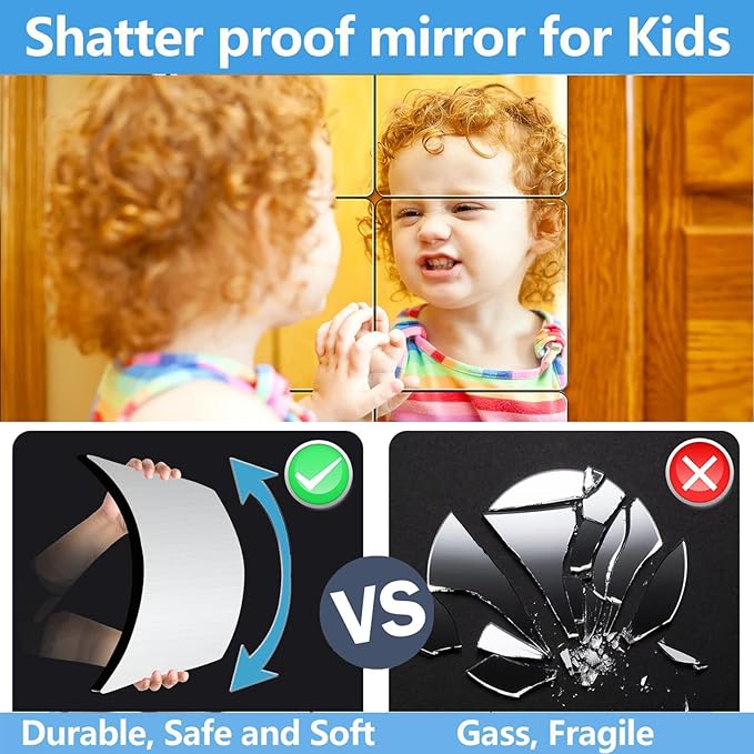 Unbreakable Acylic Small Mirror Tiles for Kids, (4-Pcs 12x16 Inch) Plastic Mirrors for Wall, Stick on Mirrors for Wall Decor, Shatterproof Mirror for Kids Bedroom