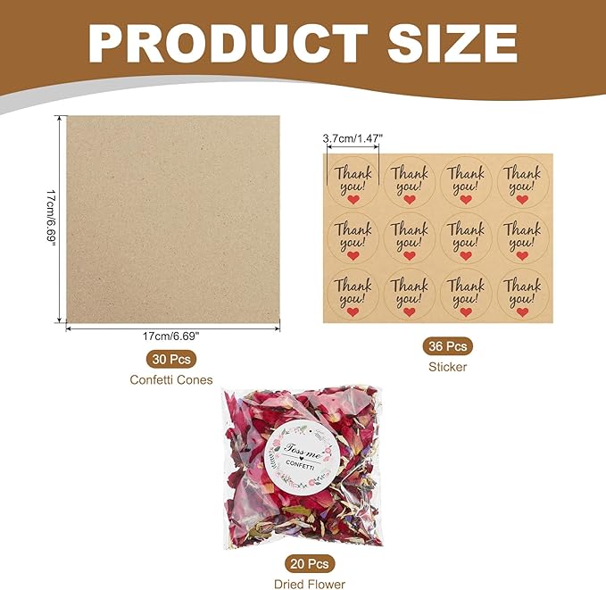 PATIKIL Dried Flower Confetti Cones, 30Pcs Paper Tapers Cone Holder with Dried Rose Petal / Sticker for Wedding Party Engagement Birthday DIY Decoration, Red/Purple
