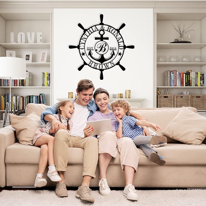 Customized Family Name Sign, Nautical Wall Decor, Anchor Compass Metal Sign, Initial Split Letter Monogram Sign, Last Name signs, Personalized Housewarming Gift