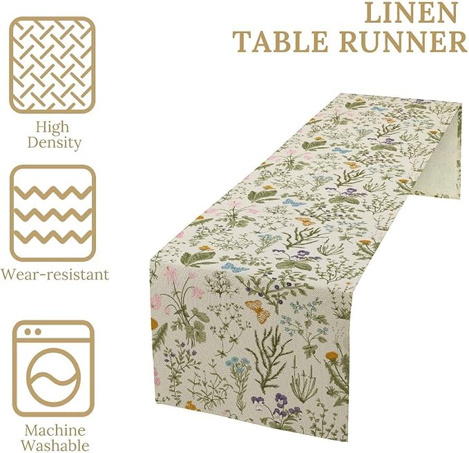 Wildflowers Floral Table Runner, Retro Flower Butterfly Seasonal Spring Summer Kitchen Dinning Table Runner for Indoor Outdoor Home Wedding Party Holiday, 13x60 Inch