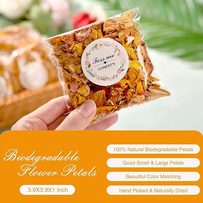 20 Pack Prefilled Confetti Packets,Biodegradable Flower Petals, Real Dried Flower Petals Individual Packing Rose Petals Wedding Send Off Ideas (Yellow Red Rose)