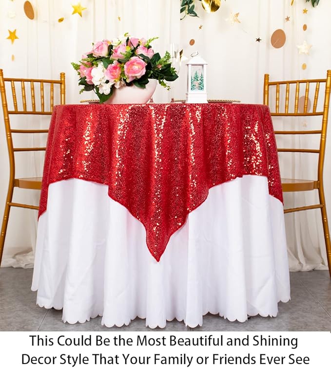 ShinyBeauty Sequin Tablecloth Square 54x54-Inch Red Table Cloths for Round Table Red Sequins Fabric Overlay Glitter TableCloths Linen for Party Small Cover for Wedding Reception