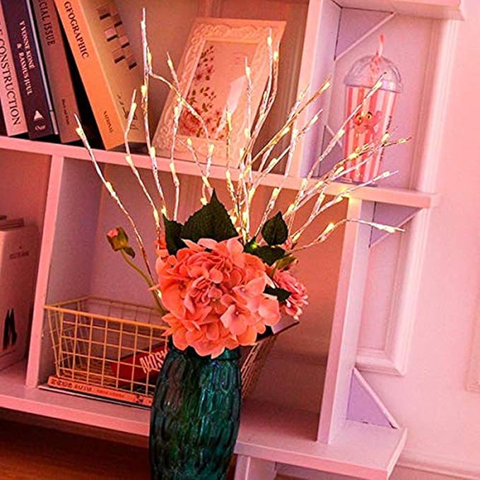 Lxcom Lighting LED Branch Lights 4 Pack 30 Inch Lighted Silver Wrapped Vase Filler Willow Lighted Twig Branch Battery Powered Twig Branches 20 LED Decorative Lights for Home Party Decor, Warm White