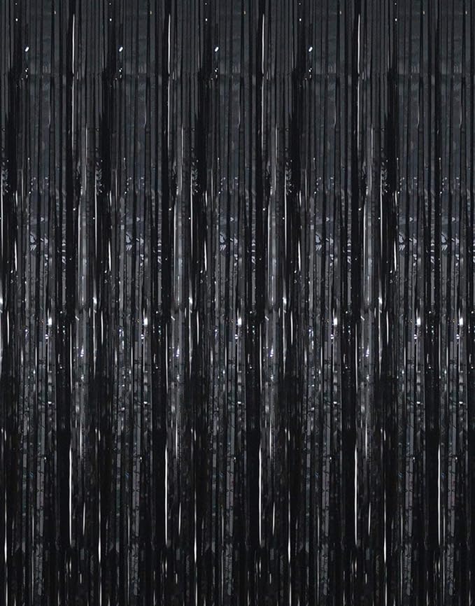 GOER 6.4 ft x 9.8 ft Metallic Tinsel Foil Fringe Curtains,Pack of 2 Party Streamer Backdrop for Birthday,Graduation Decorations and New Year Eve (Black)
