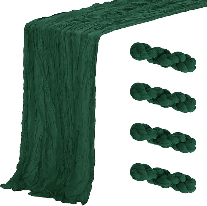 Aktor 4 Pack Emerald Green Table Runner Boho Cheesecloth Table Runner Semi Sheer Gauze Fabric Runners for Wedding Birthday Baby Shower Party Boho Table Decoration（Emerald Green）