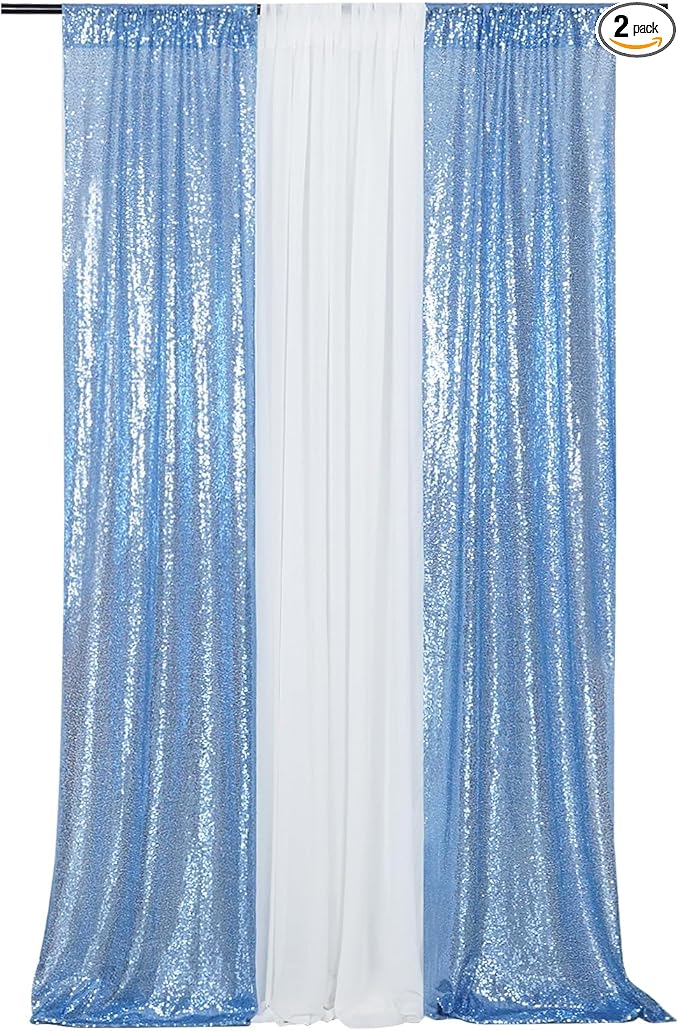 Poise3EHome 2ft x 8ft Baby Blue Sequin Backdrop Curtains 2 Panels Photography Backdrop for Party Decoration, Baby Blue