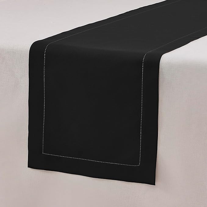 Black Table Runner 36 Inch – Cotton Linen Hemstitch Farmhouse Table Runner 14x36 – Washable Fabric for Fall, Halloween, Thanksgiving, Everyday Dining & Décor – Serena