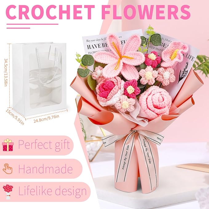 Crochet Flowers Bouquet, Handmade Knitting Crochet Flowers, Tulips Flower and Calla Lily Bouquet for Birthday, Teacher’s Day, Graduation, Valentines (Pink)