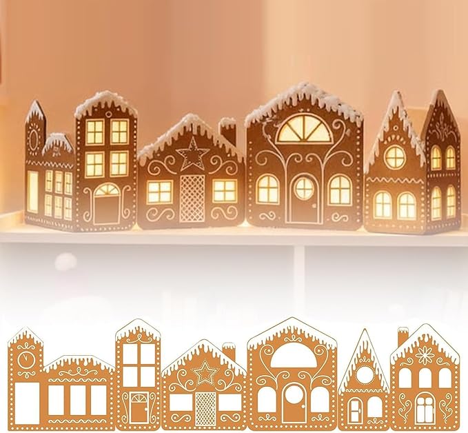 Christmas Gingerbread Village Light-Up Decor, House Cardboard Kit with LED Lights, Foldable House Village Centerpieces Christmas Decorations, Holiday Home Tabletop Decor