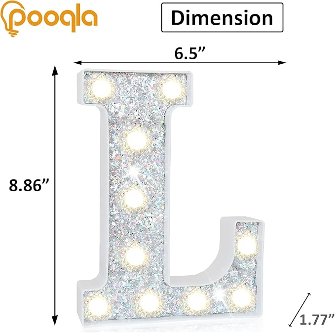 Pooqla Light Up Letters, LED Marquee Letters for Silver Birthday Decorations, Battery Powered Night Light Teenager Girl Room Decor, Gift for Girls Boys Wedding Bedroom Christmas Party Decor, Letter L