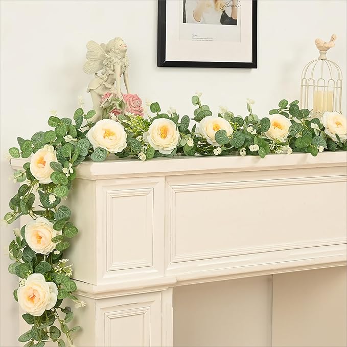Dolicer 4Pcs 26Ft Artificial Eucalyptus Garlands with Flowers, Faux Floral Greenery Garlands Fake Flowers Vines for Wedding Centerpieces Arch Party Ceremony Backdrop Decor (Champagne)