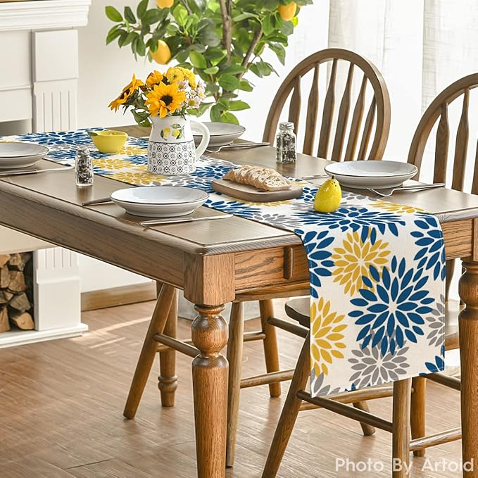 Artoid Mode Blue Dahlia Floral Pinnata Summer Table Runner, Spring Kitchen Dining Table Decoration for Home Party Decor 13x72 Inch