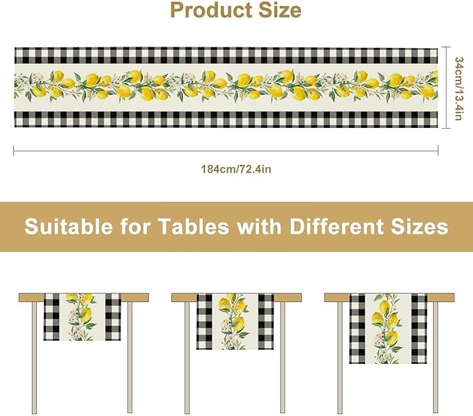Lemon Table Runner,Black Buffalo Plaid Lemon Table Runner Farmhouse Style Spring Summer Home Kitchen Dinding Room Table Decoration 13x36 Inch