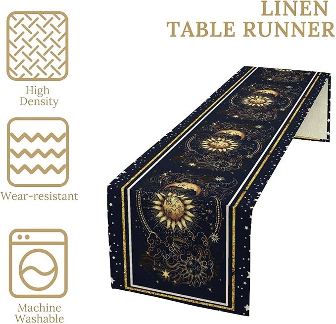 Sun Moon Table Runner, Seasonal Golden Sun Moon Holiday Kitchen Dining Table Runner for Kitchen Living Room Home Party Decor 13x120 Inch