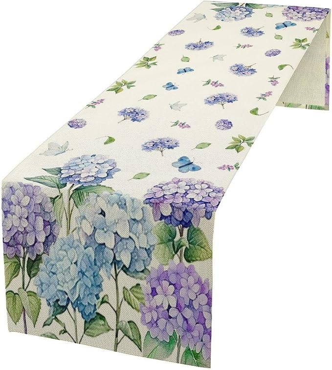 Spring Hydrangea Flower Table Runner, Seasonal Summer Plants Watercolor Florals Butterfly Dinner Runner for Home Kitchen Dining Table Party Holiday Decoration 13"x36"