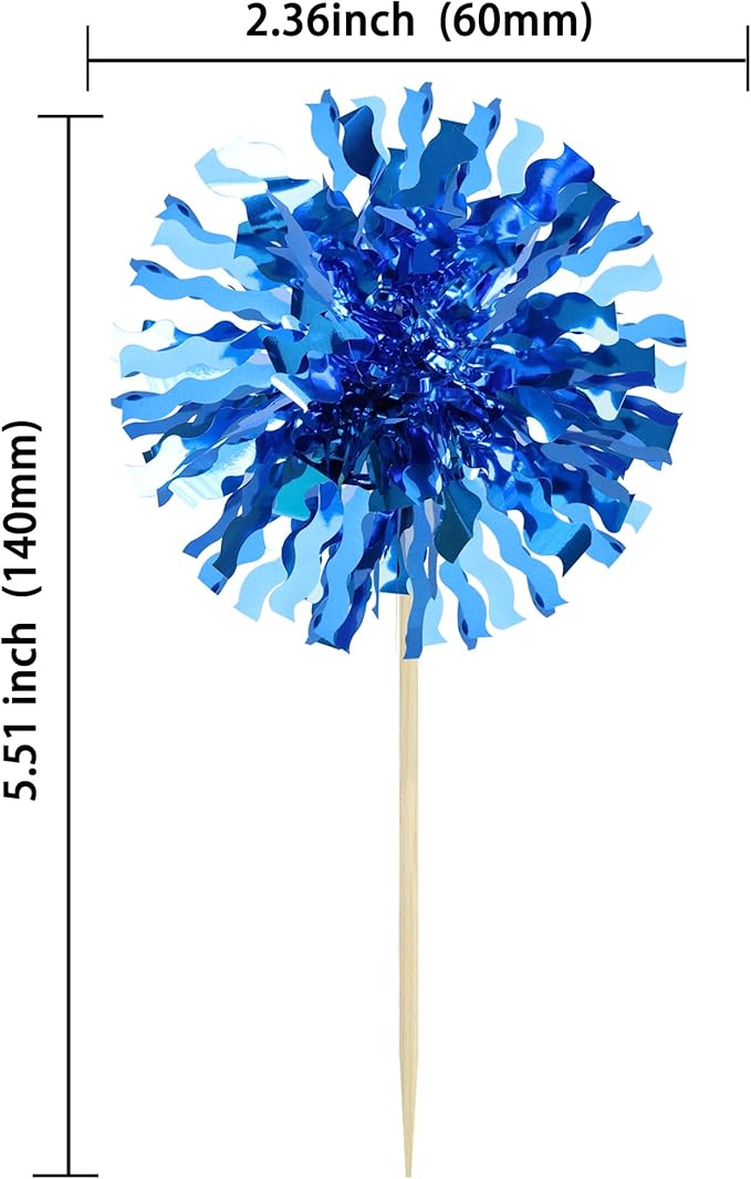 Ephlyn 30Pcs Foil Firework Cupcake Toppers Blue Tinsel Flower Drink Stirrers Cocktail Food Fruit Cake Toppers for Valentine's Day Party Decorations Blue