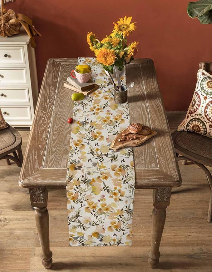 Vintage Orange Flower Cotton Linen Table Runner for Dining Kitchen, Wedding Outdoor Party Tablerunners Decoration, Farmhouse Botanical Floral Retro Dresser Scarf Coffee Tablecloth Runners 13x72 Inches