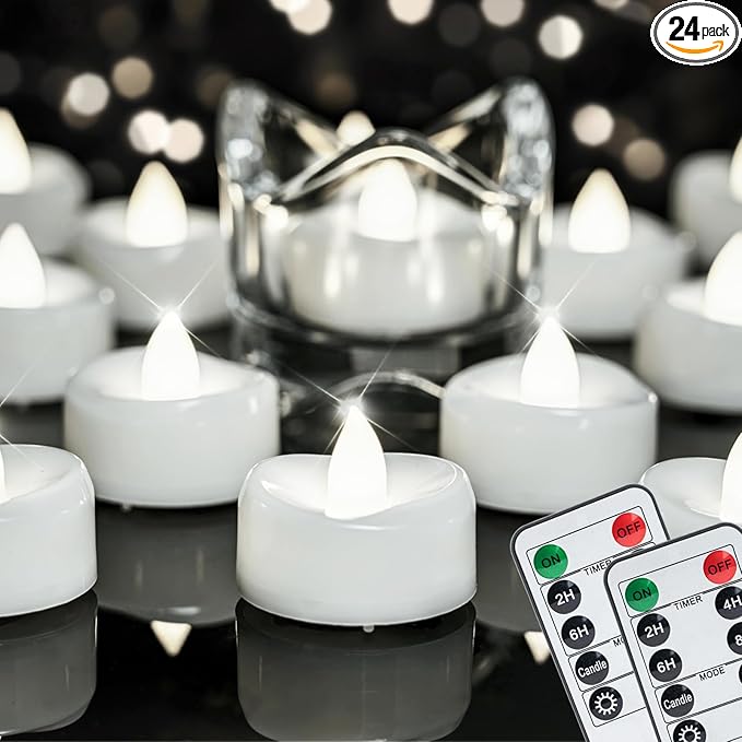 Remote Candles, 24PCS Flameless Tea Lights Candle Battery Operated with Timer, 400+Hours Remote Control LED Tea Lights Votive Candle - 1.5'' D X 1.25'' H- Pure White Light
