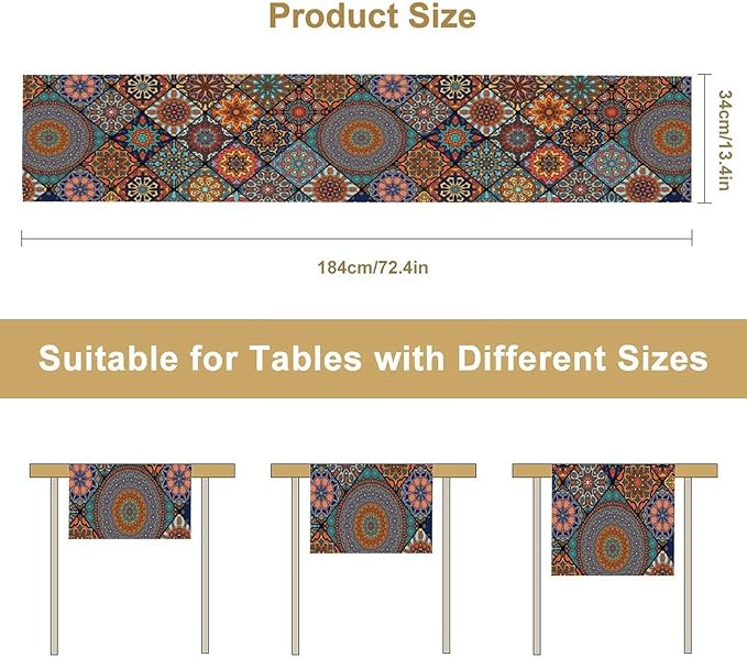 Bohemian Table Runner, Colorful Vintage Indian Mandala Floral Table Runners for Kitchen Dining Coffee Table Indoor Outdoor Party Decor, 13x90inch