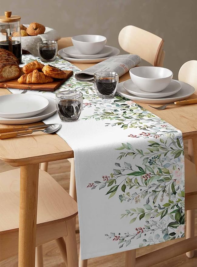 Botanical Eucalyptus Cotton Linen Table Runner for Dining Kitchen, Wedding Outdoor Party Tablerunners Decoration, Sage Green Leaves Elegant Floral Dresser Scarf Coffee Tablecloth Runners 13x60 Inches