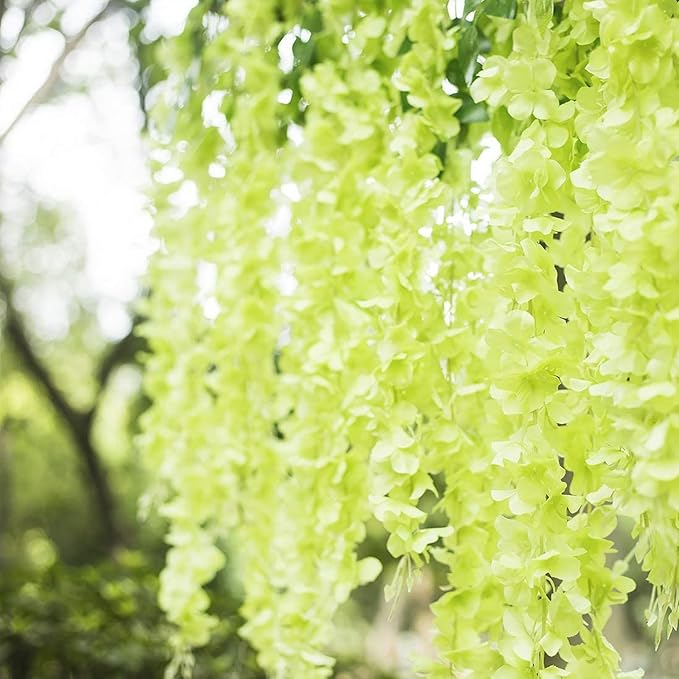 24 Pack Green Wisteria Hanging Flowers Garland, 3.77 Feet Artificial Flower Vines, Fake Wisteria, Artificial Vines Hanging Garland for Backdrop Outdoor Yard Garden Decor