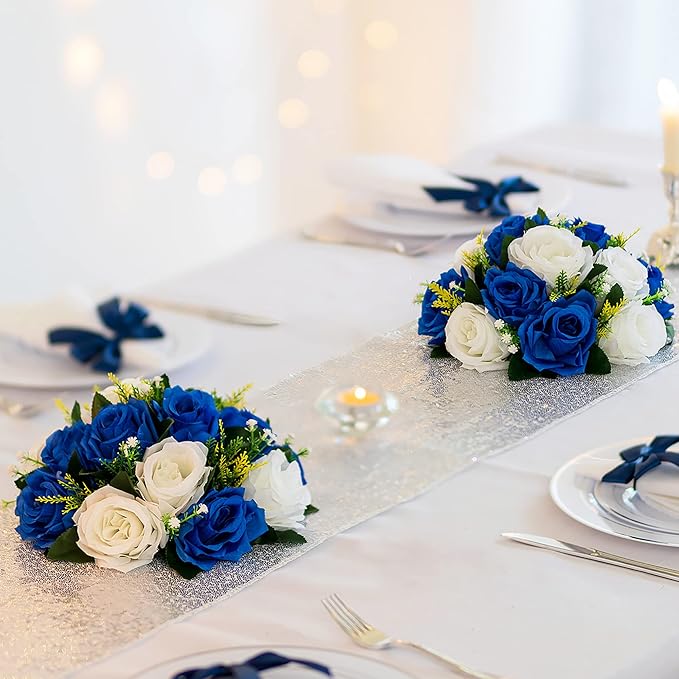 BLOSMON Royal Blue White Flowers: 2 Pcs Fake Roses Flower Balls Centerpiece for Wedding Table - Artificial Silk Kissing Bouquet Floral Arrangement for Home Party Event Decor