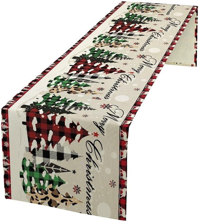 Christmas Tree Table Runner,Farmhouse Xmas Trees Buffalo Plaid Winter Snowflake Tablecloth Burlap for Hotel Indoors Outdoor Dining Room Kitchen Home Decor,W13X L70 in